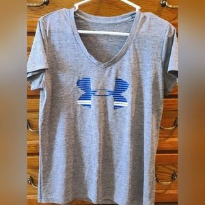 Women's Under Armour shirt, gray with blue & white logo, size medium